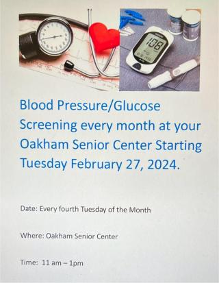 Monthly Blood Pressure & Glucose Screening at Oakham Senior Center