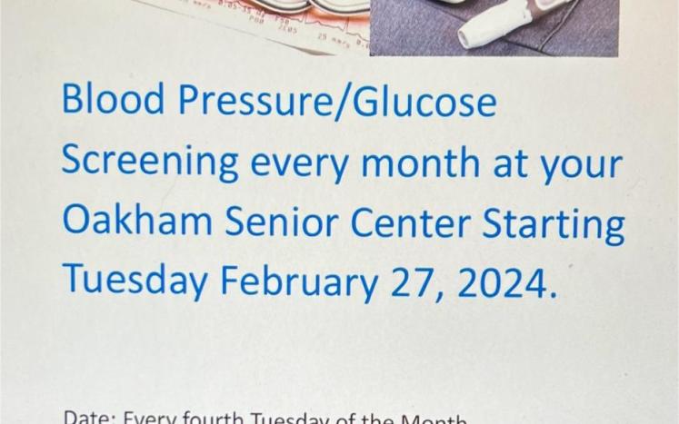 Monthly Blood Pressure & Glucose Screening at Oakham Senior Center
