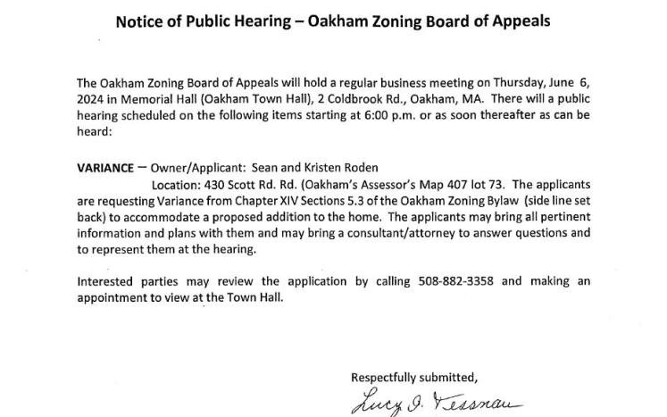 Zoning Board Of Appeals Hearing Notice June 6,2024
